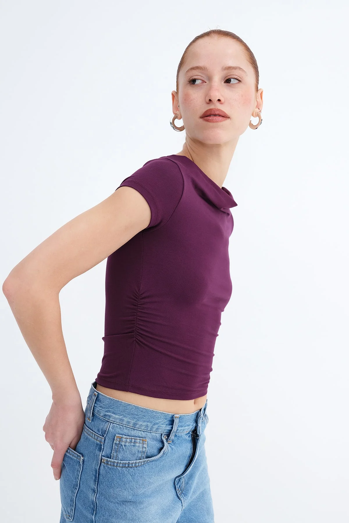 Boat Neck Ruched Side T-shirt - Image 25