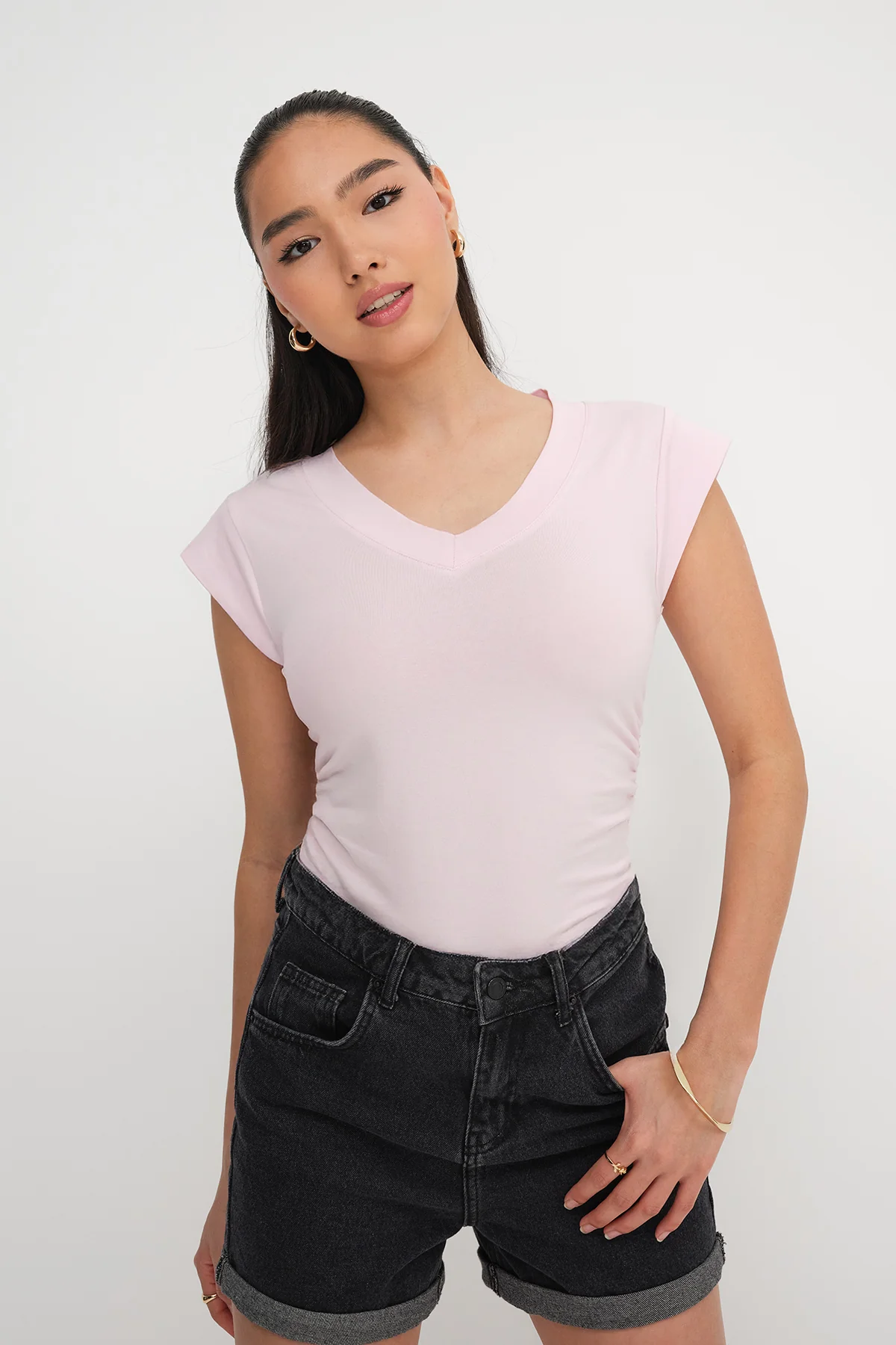Gathered Sides V-Neck T-Shirt - Image 24