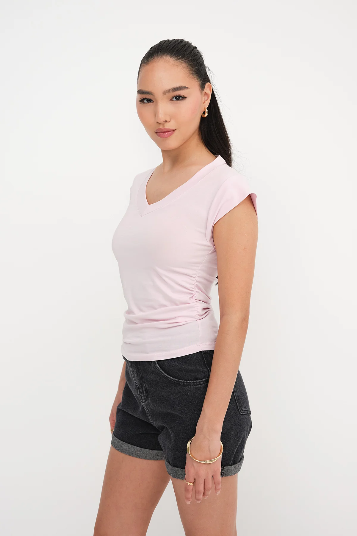 Gathered Sides V-Neck T-Shirt - Image 27