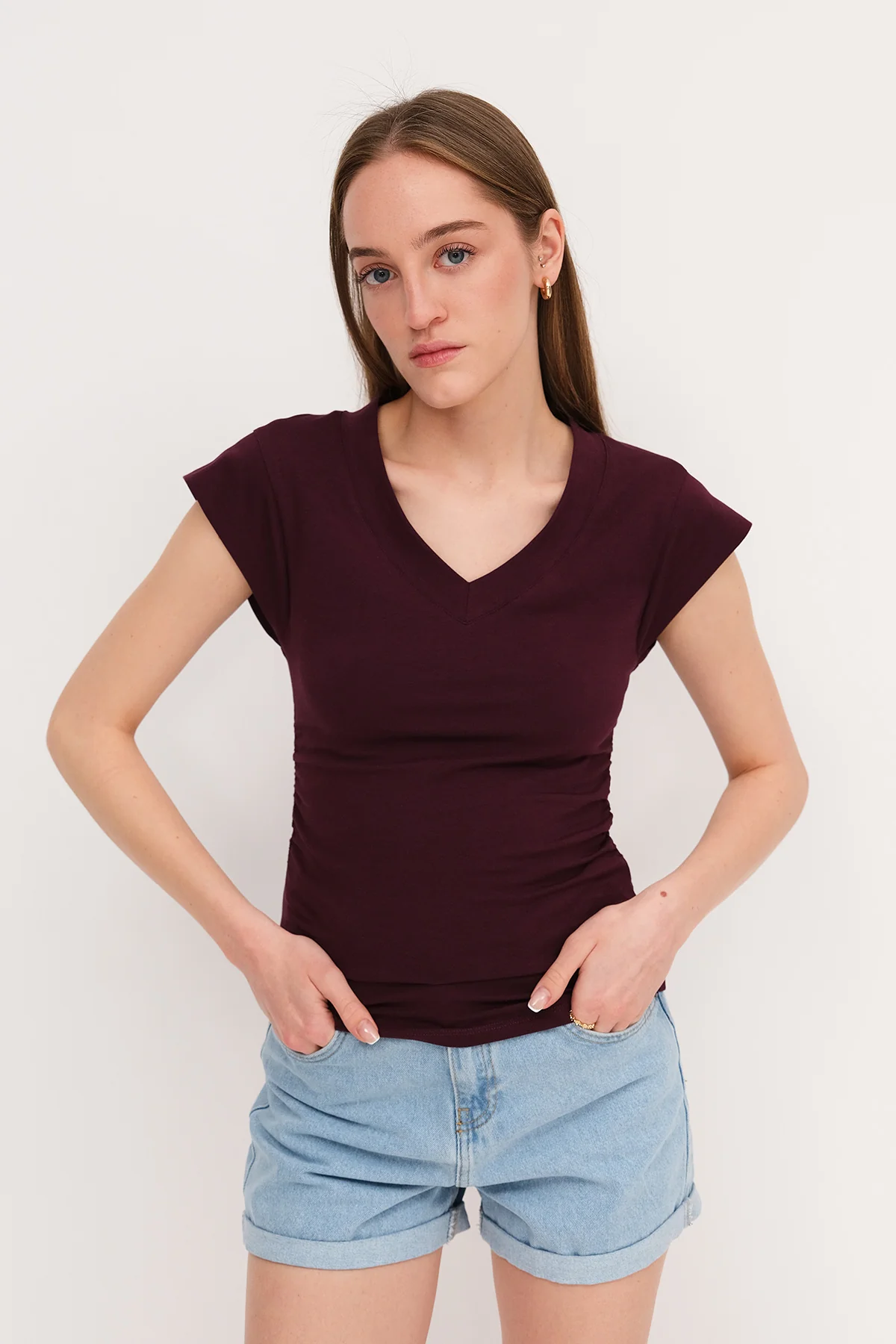 Gathered Sides V-Neck T-Shirt - Image 36