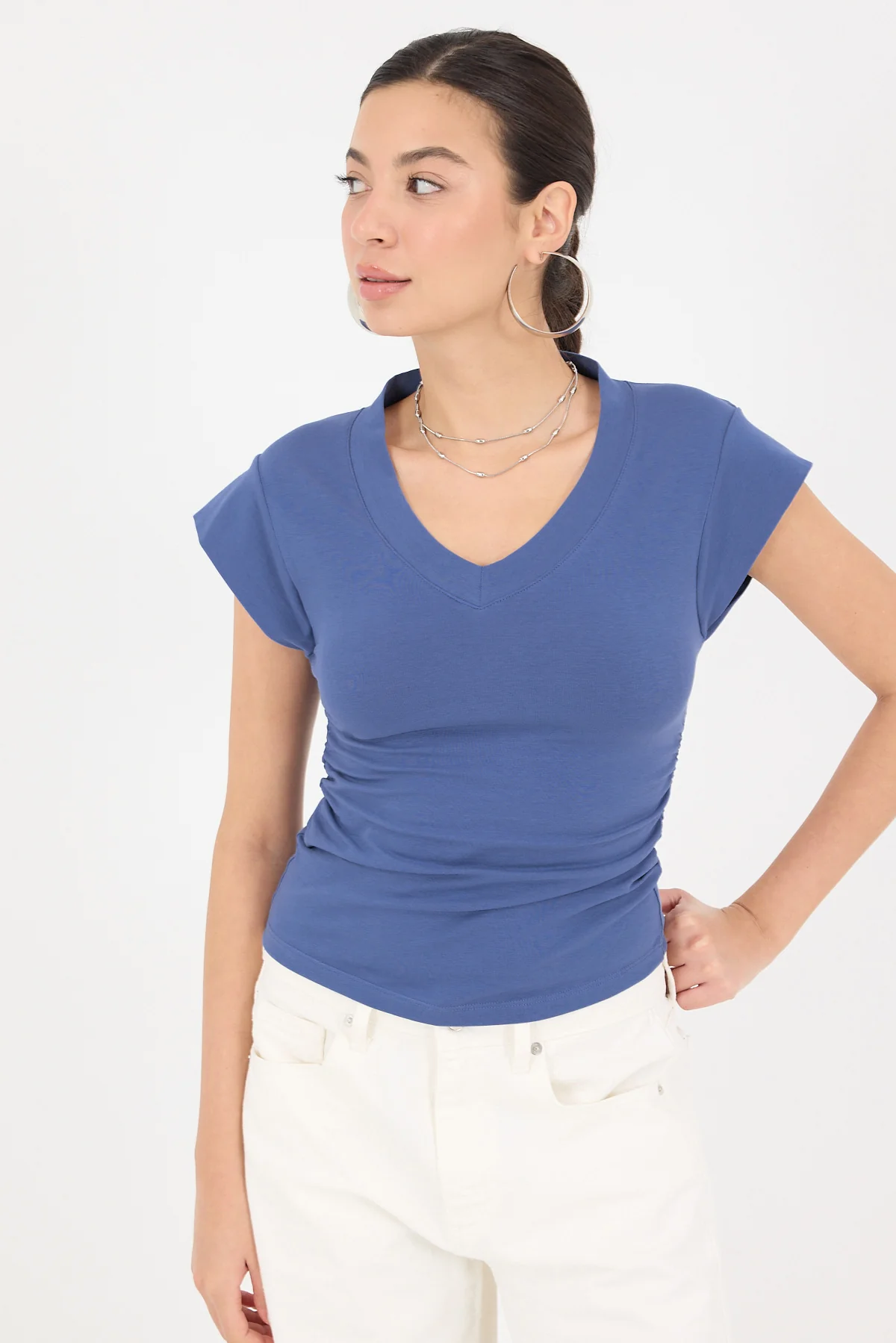 Gathered Sides V-Neck T-Shirt - Image 45