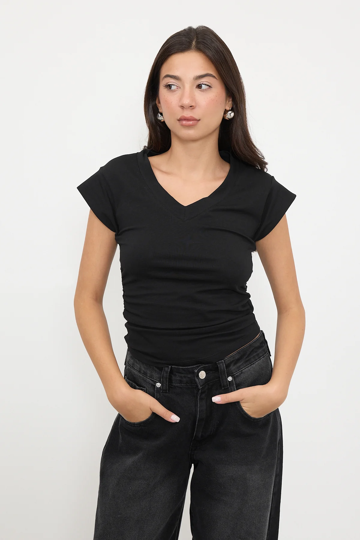 Gathered Sides V-Neck T-Shirt - Image 46