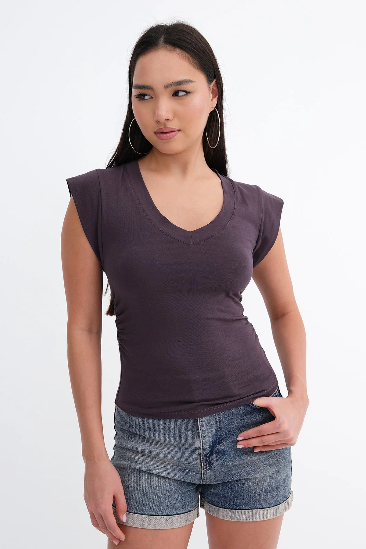 Gathered Sides V-Neck T-Shirt - Image 6