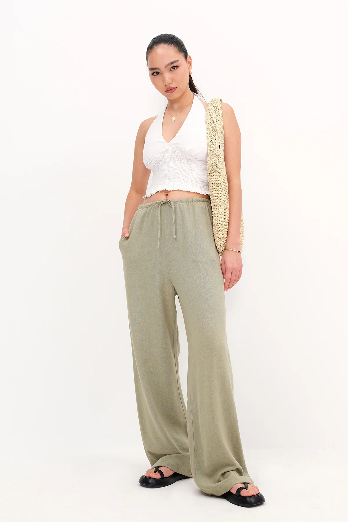 Linen-Blend Tie-Waist Wide Leg Pants - Image 25