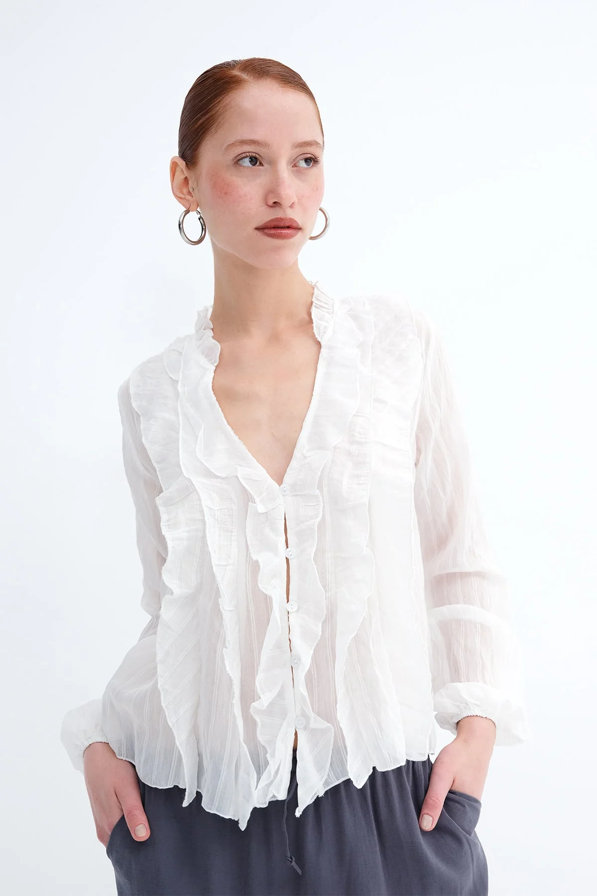 Ruffled Front Buttoned Blouse - Image 12