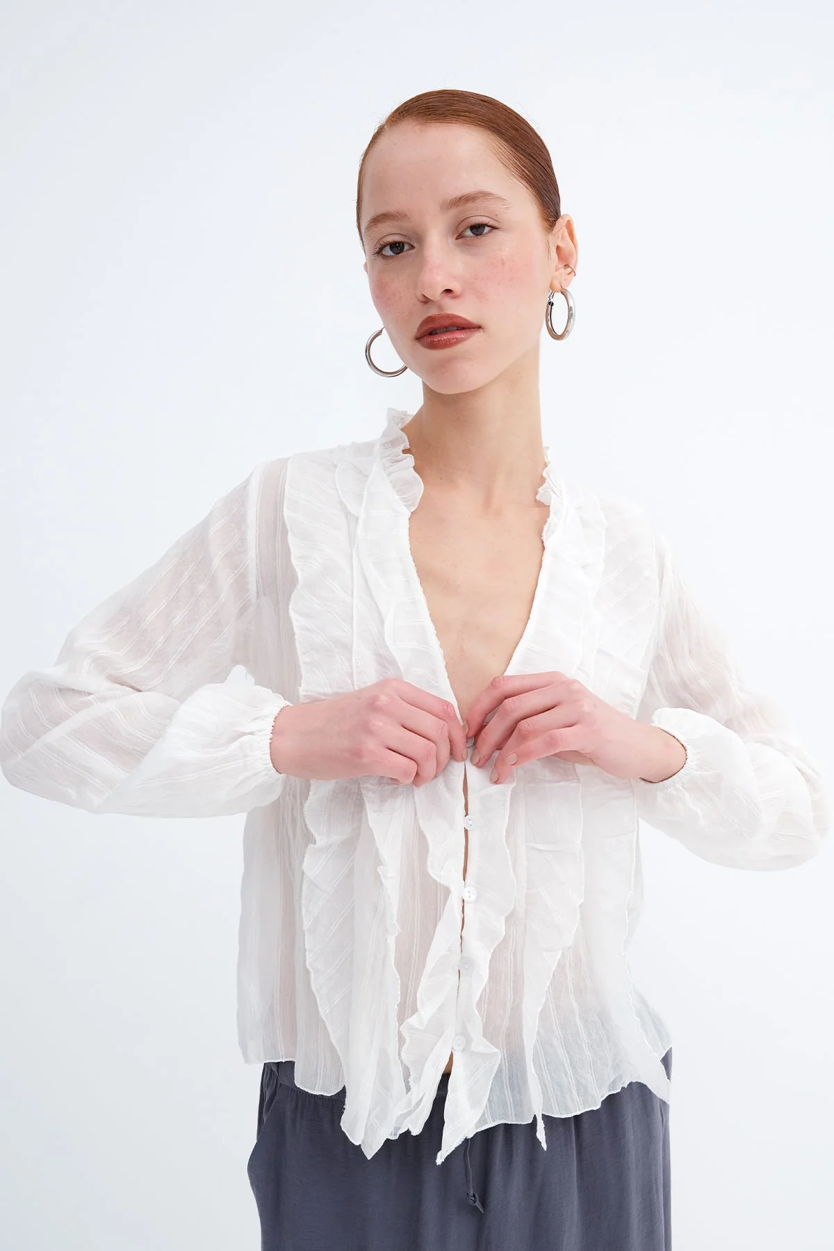 Ruffled Front Buttoned Blouse - Image 4
