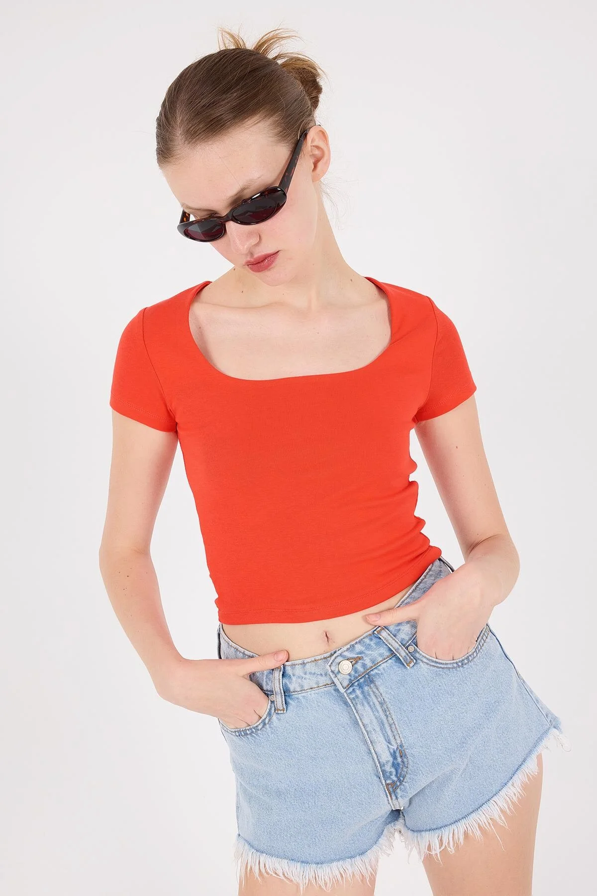 Square Neck Basic Blouse With Short Sleeve - Image 31