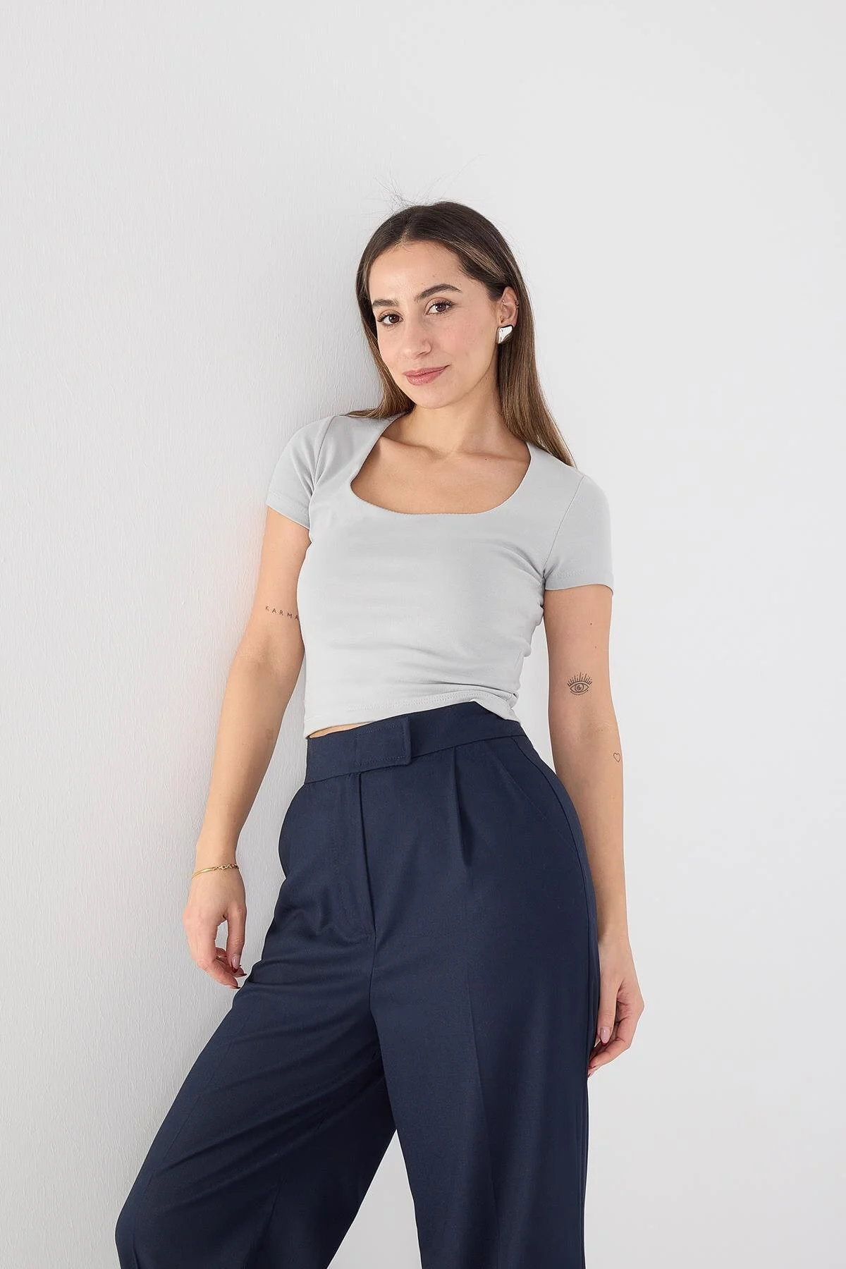 Square Neck Basic Blouse With Short Sleeve - Image 36