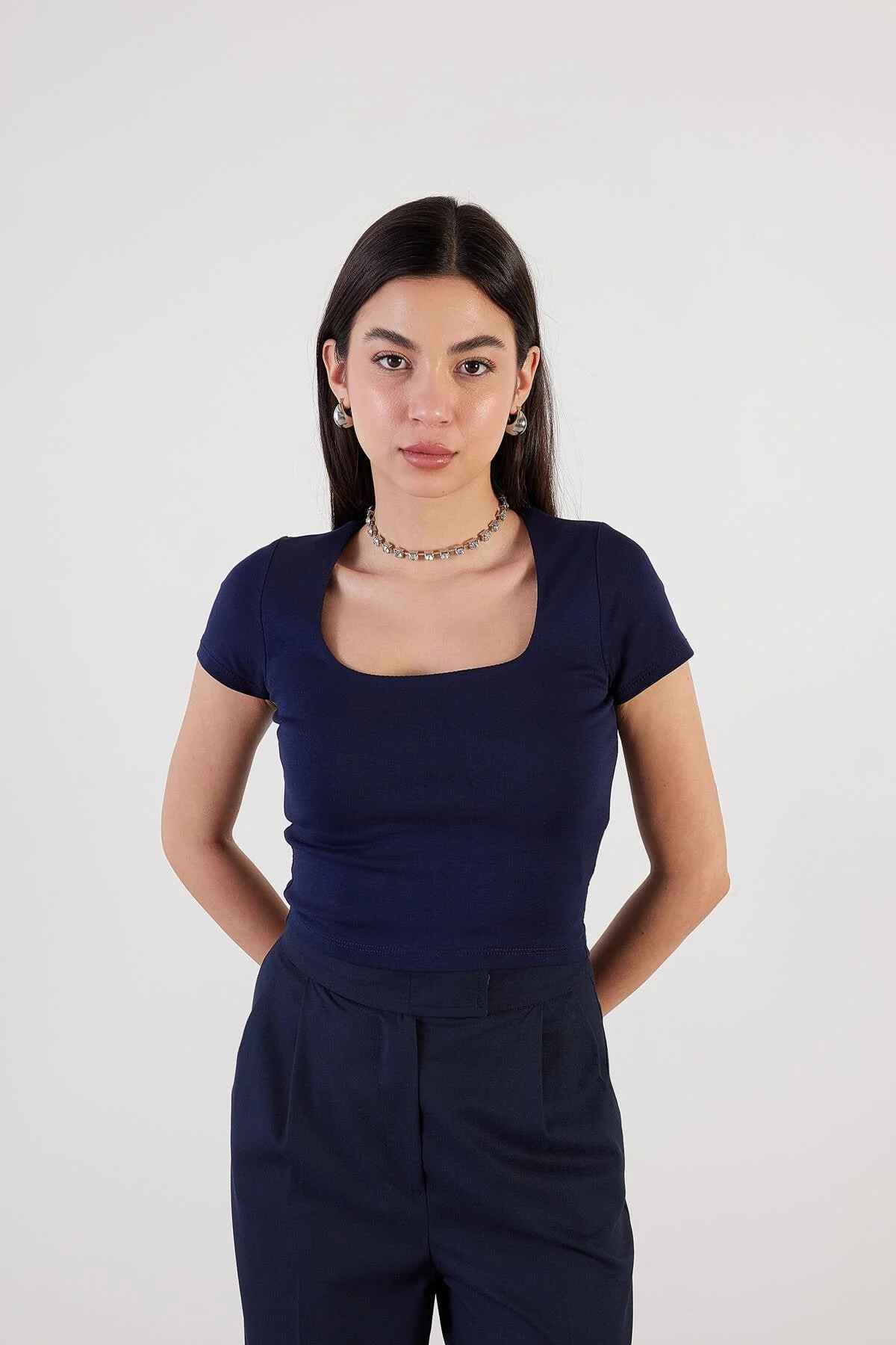Square Neck Basic Blouse With Short Sleeve - Image 39