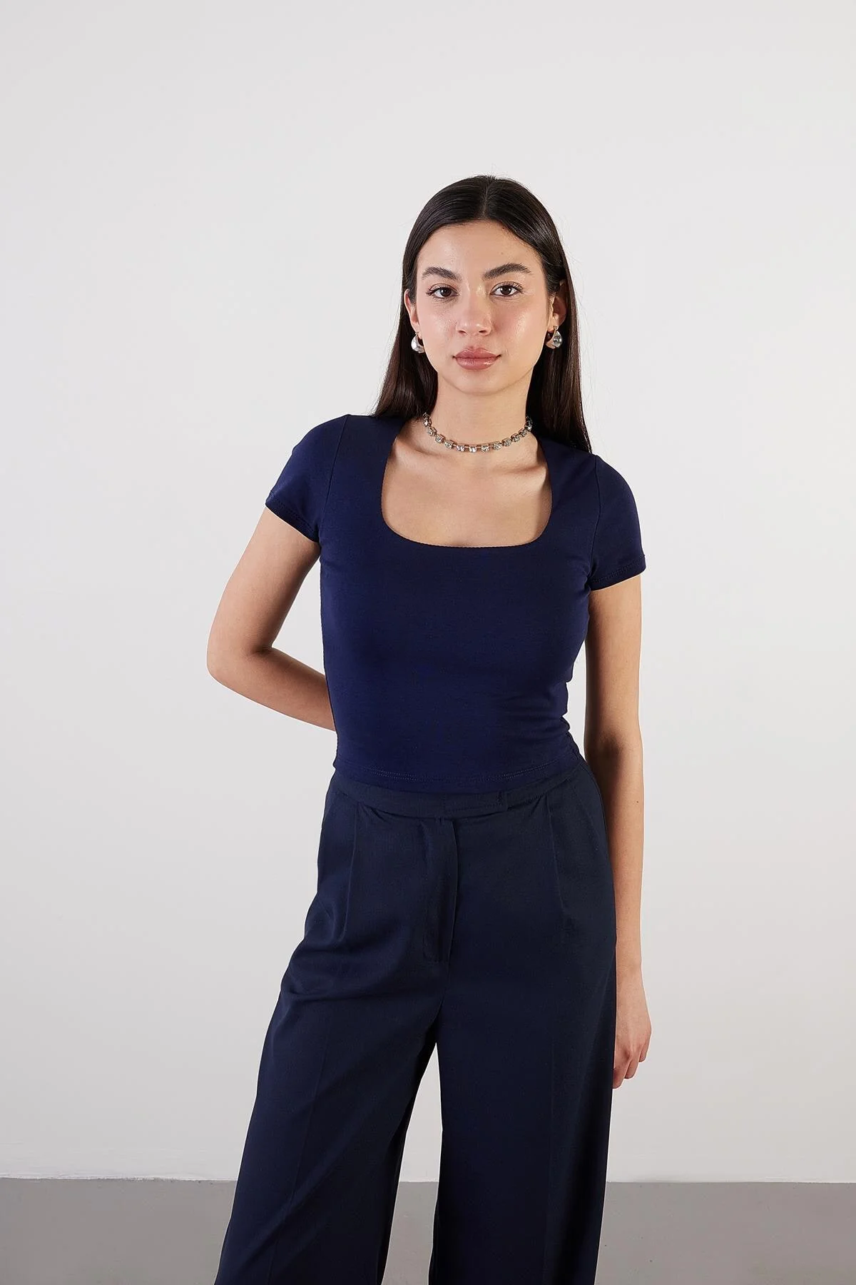 Square Neck Basic Blouse With Short Sleeve - Image 40
