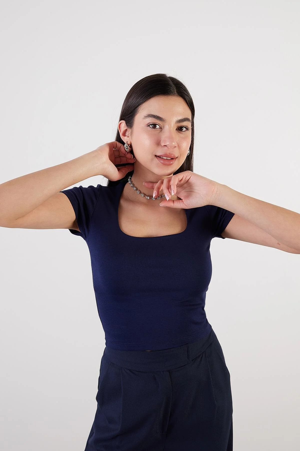 Square Neck Basic Blouse With Short Sleeve - Image 42