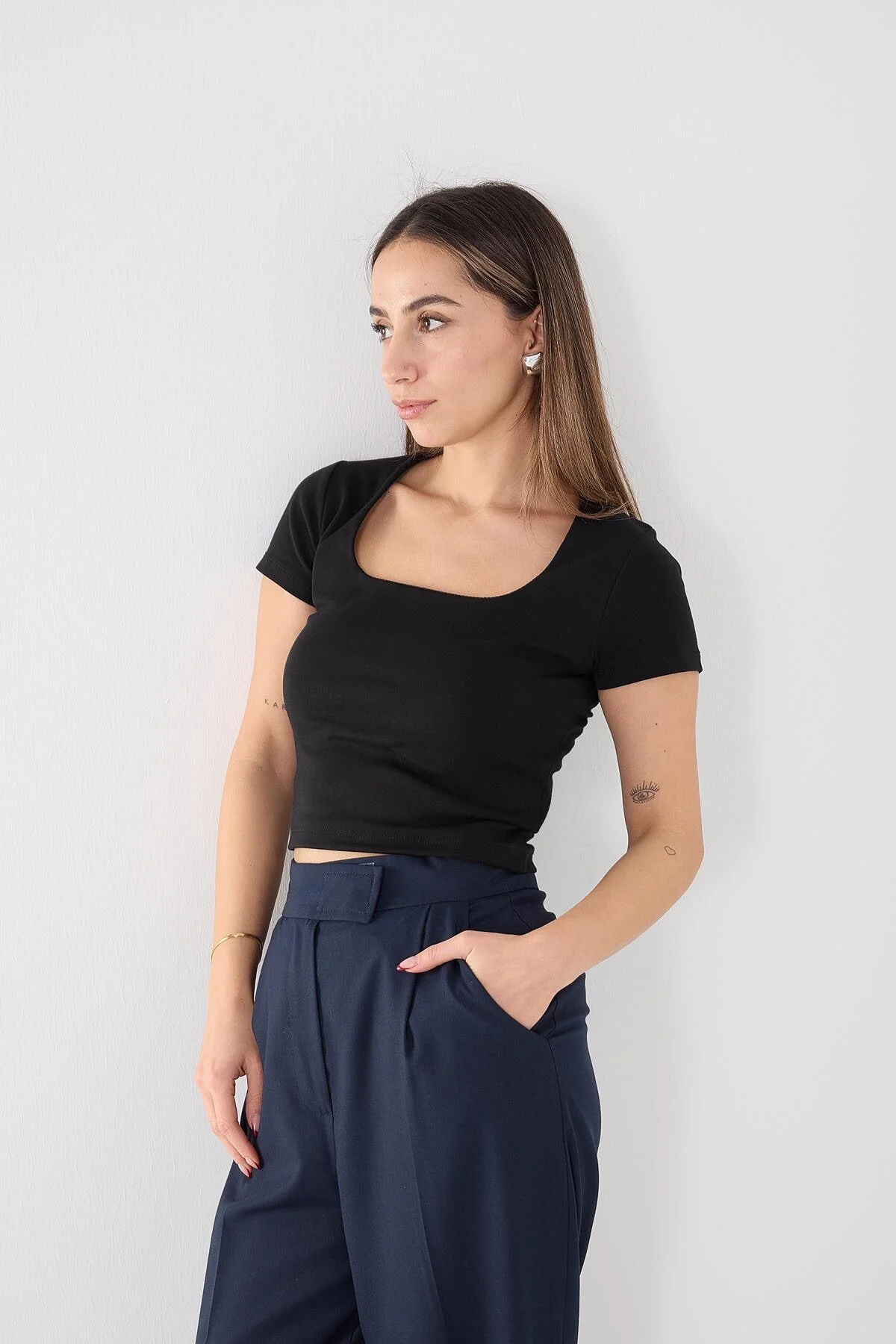 Square Neck Basic Blouse With Short Sleeve - Image 44